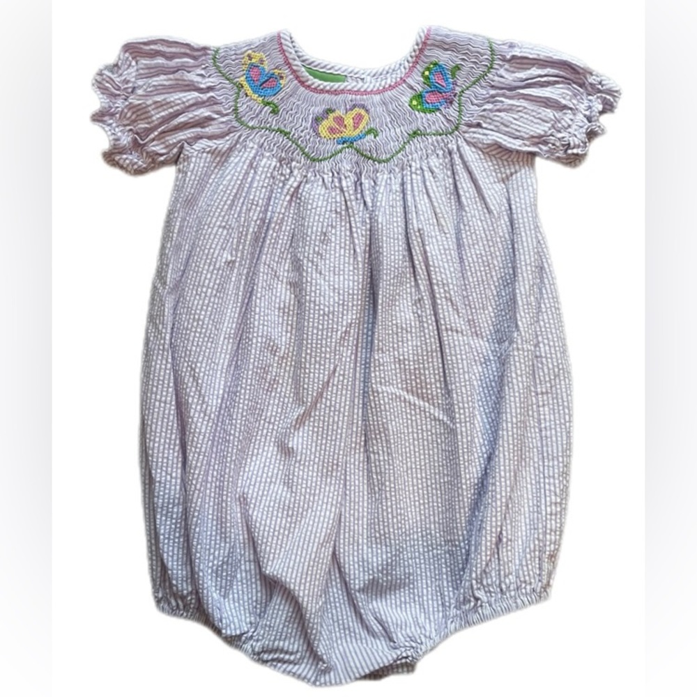 Classic Whimsy Lavender Seersucker Hand Smocked Butterfly Bubble, Size 24M